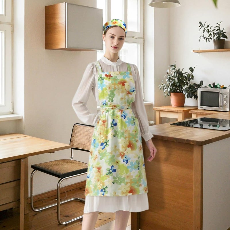 Cityelf Vintage Pinafore Floral Apron Dress with Headscarf Set Adjustable Cross Back with Pocket for Kitchen Baking Gardening - Image 5